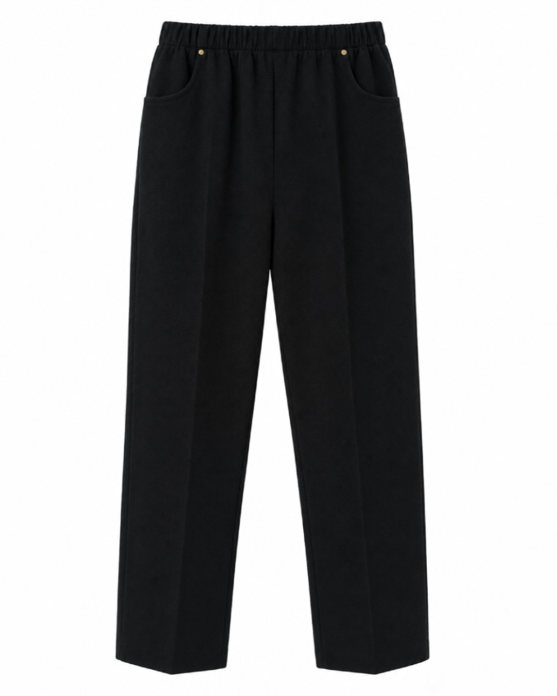 Pantalón textura negro con cintura elástica, bolsillos delanteros y detalles metálicos
