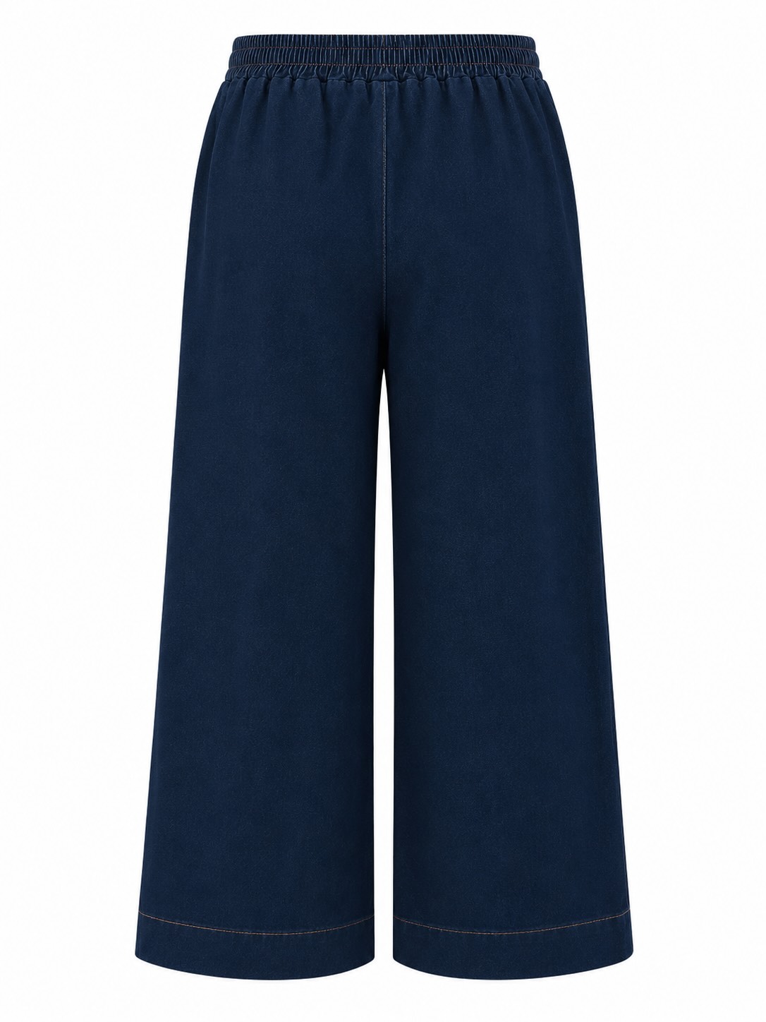 Vista de la espalda del pantalón vaquero wide leg azul oscuro con cintura elástica trasera