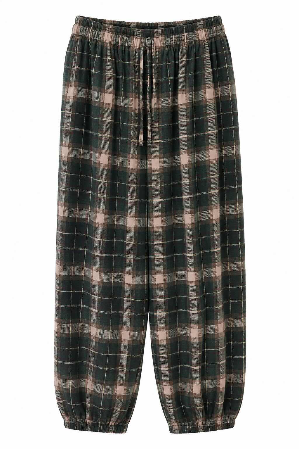 Delantero pantalón verde de cuadros escoceses con cintura y bajos elásticos.