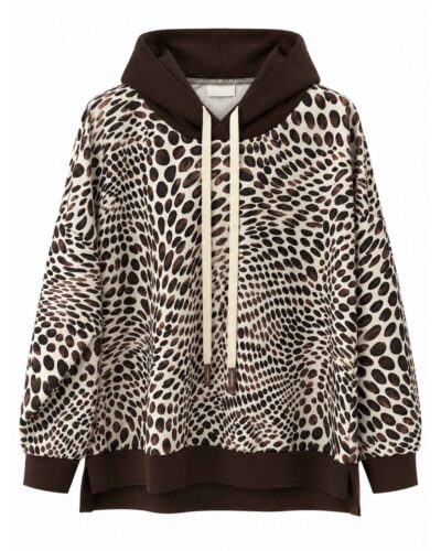Sudadera animal print Duna chocolate con capucha y estampado sobre fondo crudo vista delantera
