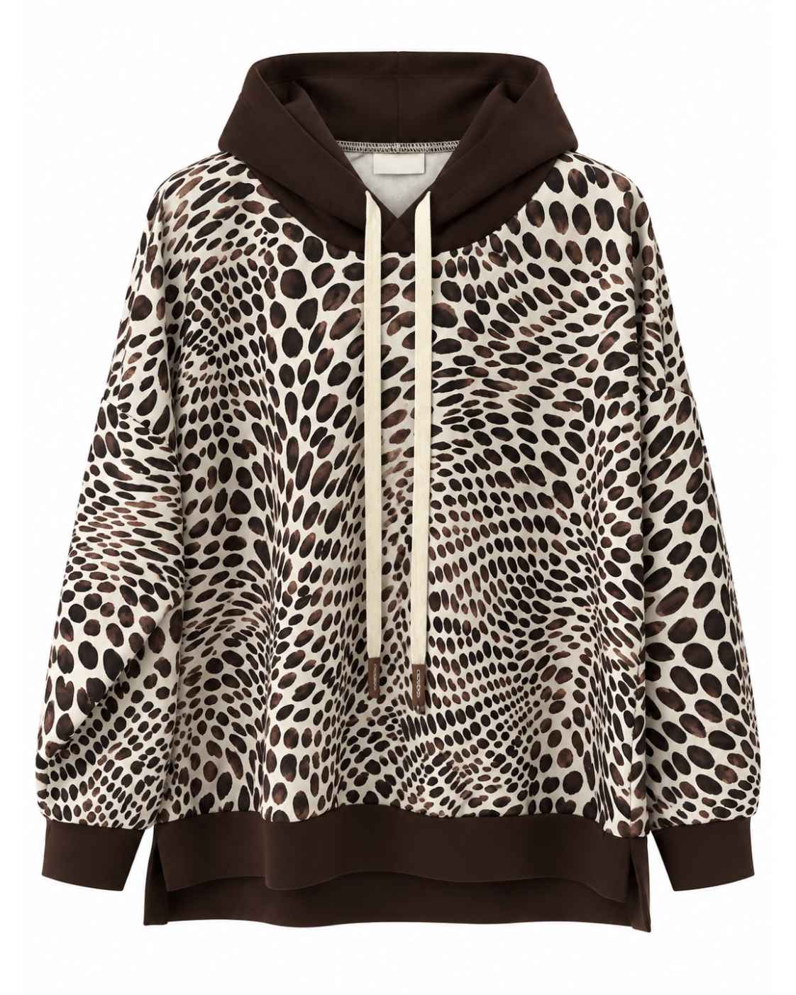 Sudadera animal print Duna chocolate con capucha y estampado sobre fondo crudo vista delantera