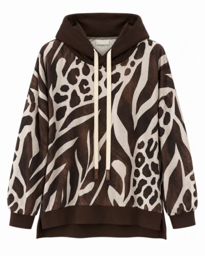 Sudadera animal print Savanna chocolate con estampado combinado y capucha vista delantera