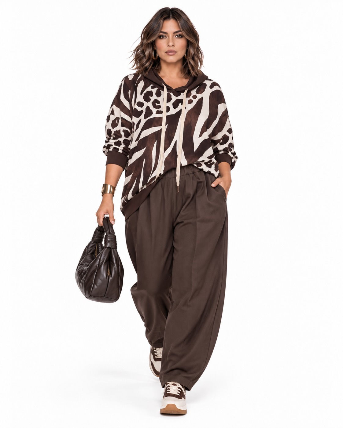 Look completo Sudadera animal print Savanna chocolate con estampado combinado y capucha vista delantera