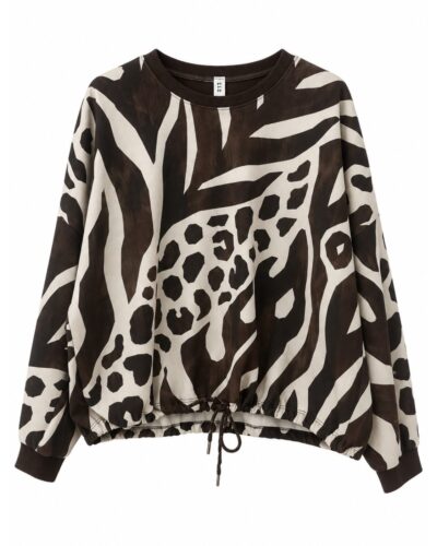 Sudadera casual animal print chocolate con estampado combinado, cuello redondo, manga larga y bajo ajustable