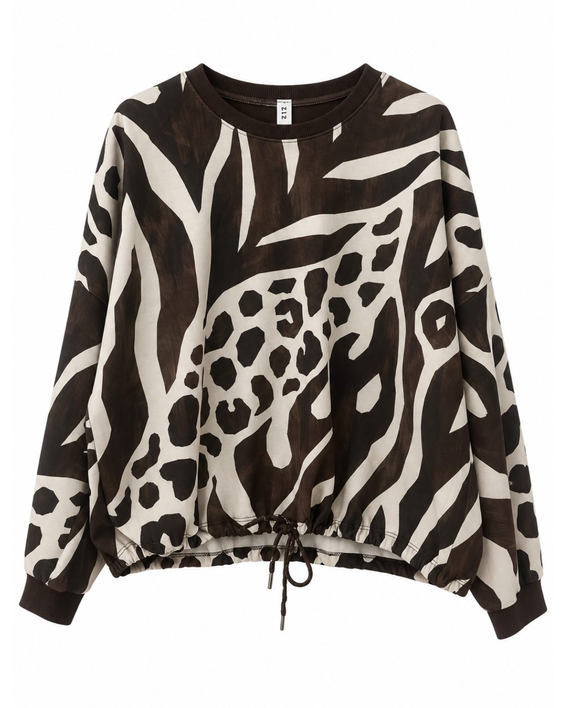 Sudadera casual animal print chocolate con estampado combinado, cuello redondo, manga larga y bajo ajustable