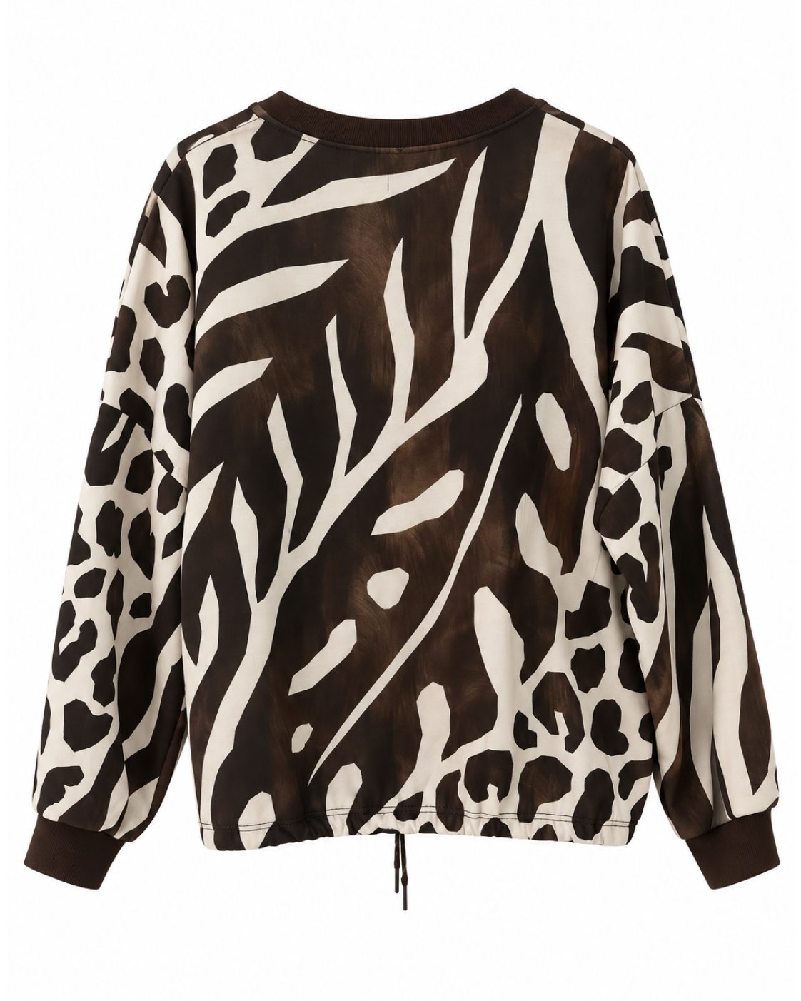 Sudadera casual animal print chocolate vista de espalda con estampado combinado y manga larga