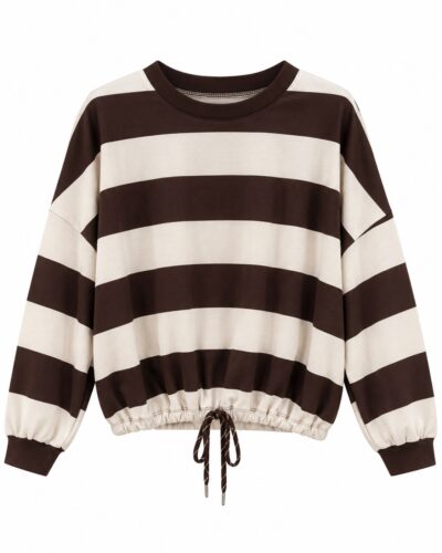 Sudadera Casual Náutica chocolate y crudo de mujer curvy con rayas anchas y bajo ajustable