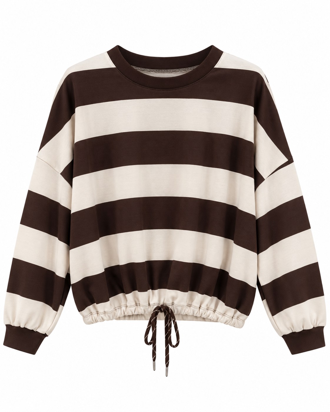 Sudadera Casual Náutica chocolate y crudo de mujer curvy con rayas anchas y bajo ajustable