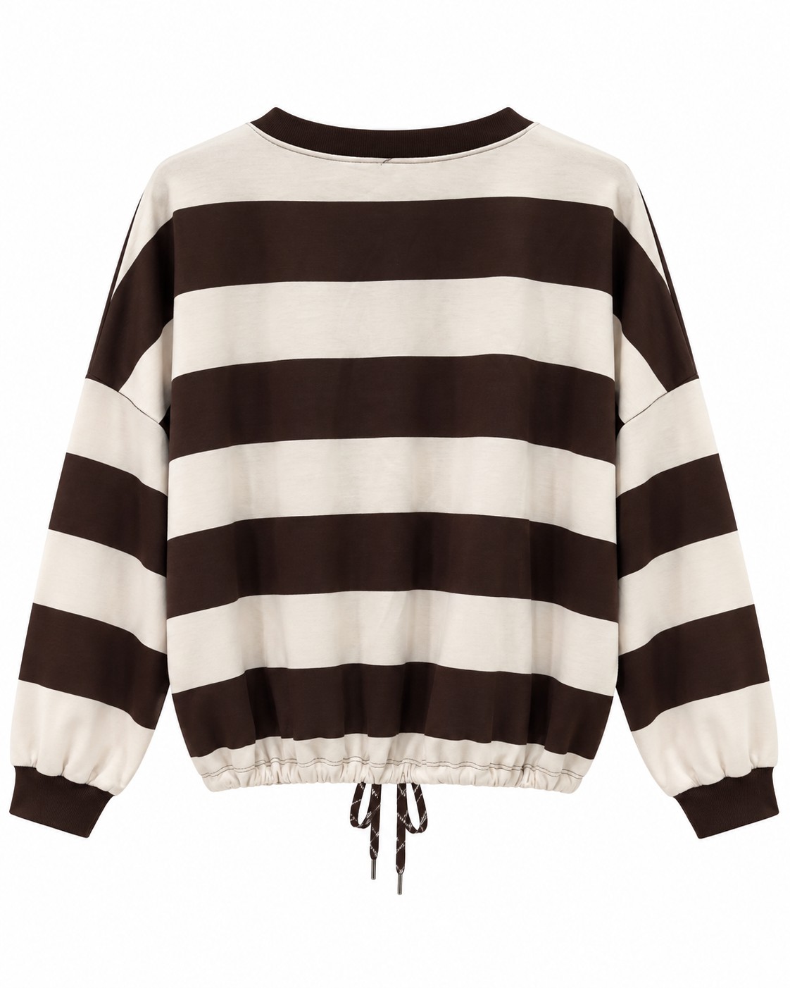 Sudadera Casual Náutica chocolate y crudo de mujer curvy a rayas vista espalda