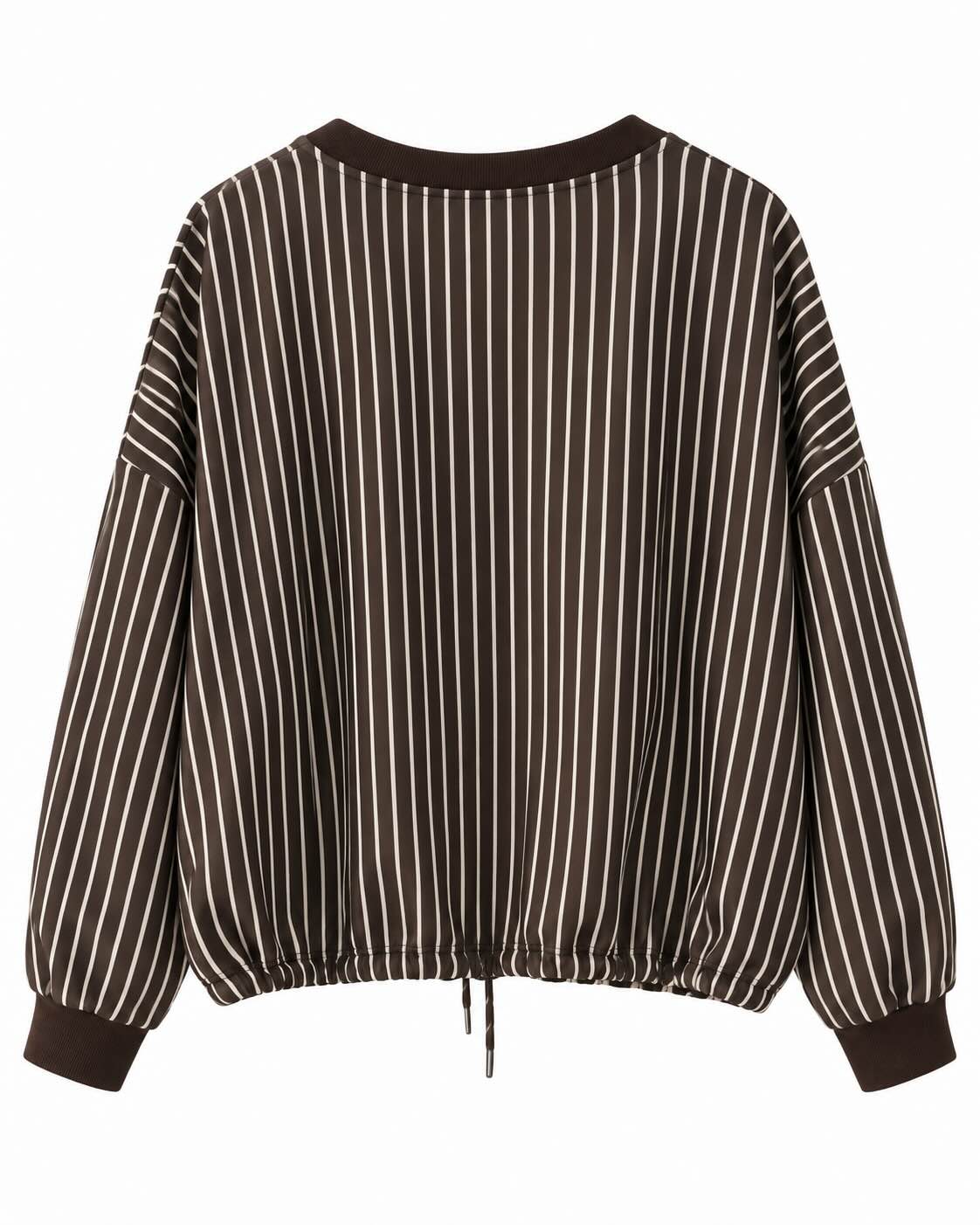 Sudadera casual rayas chocolate de mujer vista de espalda con estampado vertical y bajo ajustable