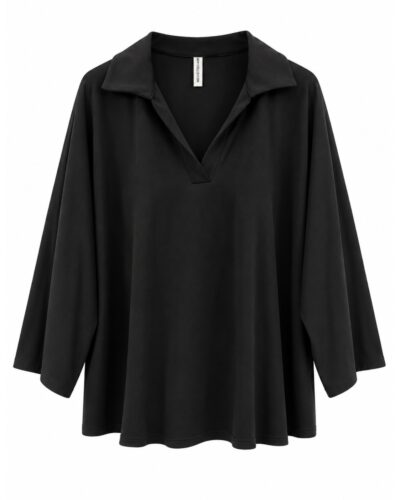 Sudadera Chic negra de mujer curvy en neopreno con cuello camisero abierto y corte amplio