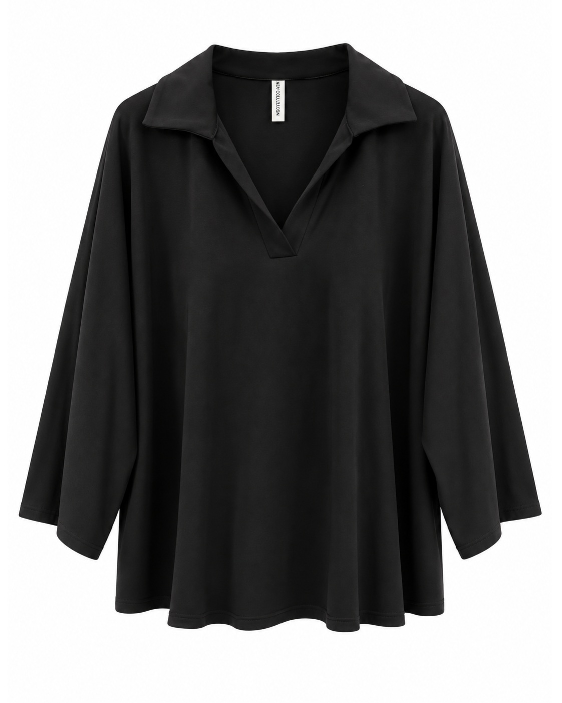Sudadera Chic negra de mujer curvy en neopreno con cuello camisero abierto y corte amplio