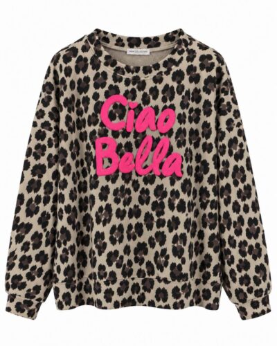 Sudadera Ciao Bella beige curvy con estampado animal print y letras rosas en el delantero