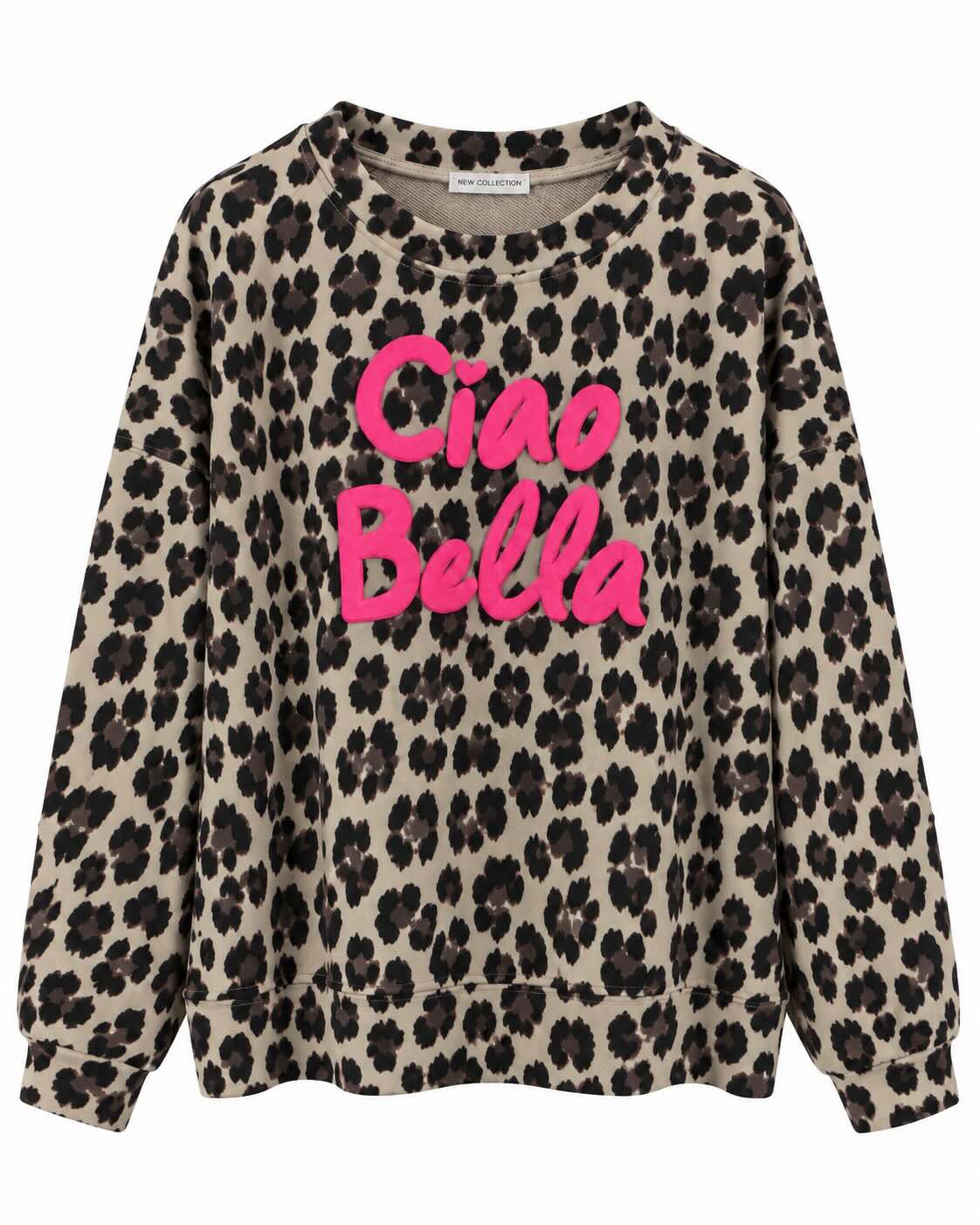 Sudadera Ciao Bella beige curvy con estampado animal print y letras rosas en el delantero