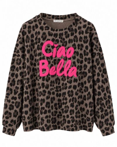 Sudadera Ciao Bella chocolate curvy con estampado leopardo y mensaje rosa en el delantero