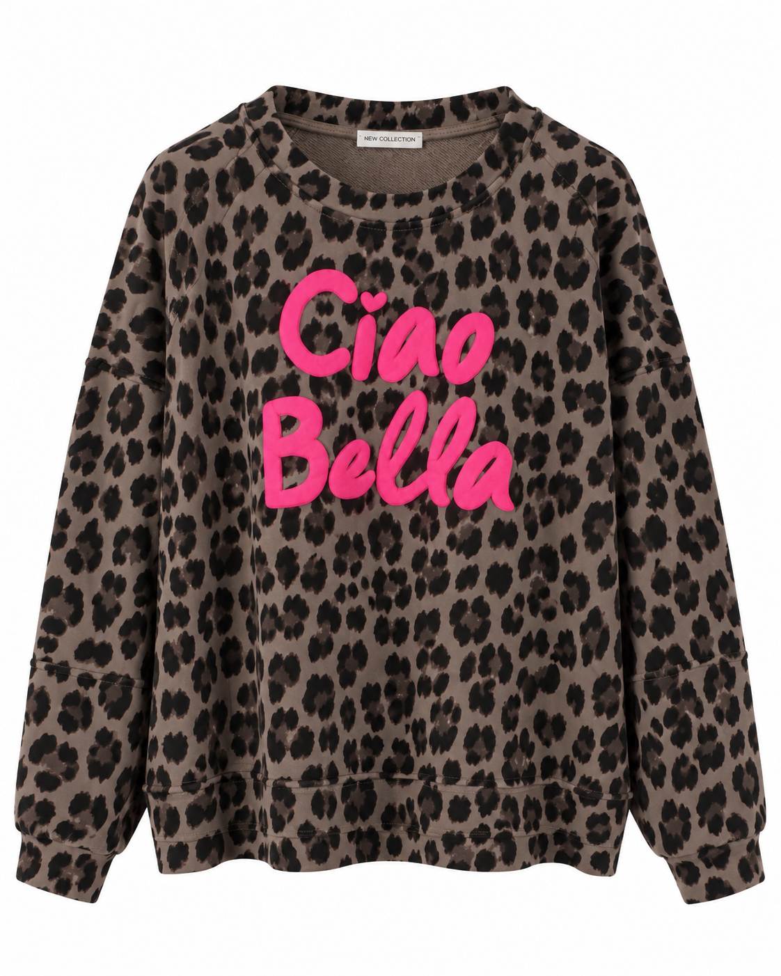 Sudadera Ciao Bella chocolate curvy con estampado leopardo y mensaje rosa en el delantero