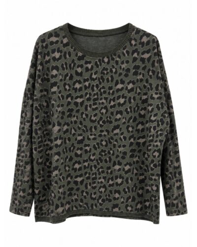 Sudadera leopardo kaki para mujer curvy con estampado animal print y escote redondo
