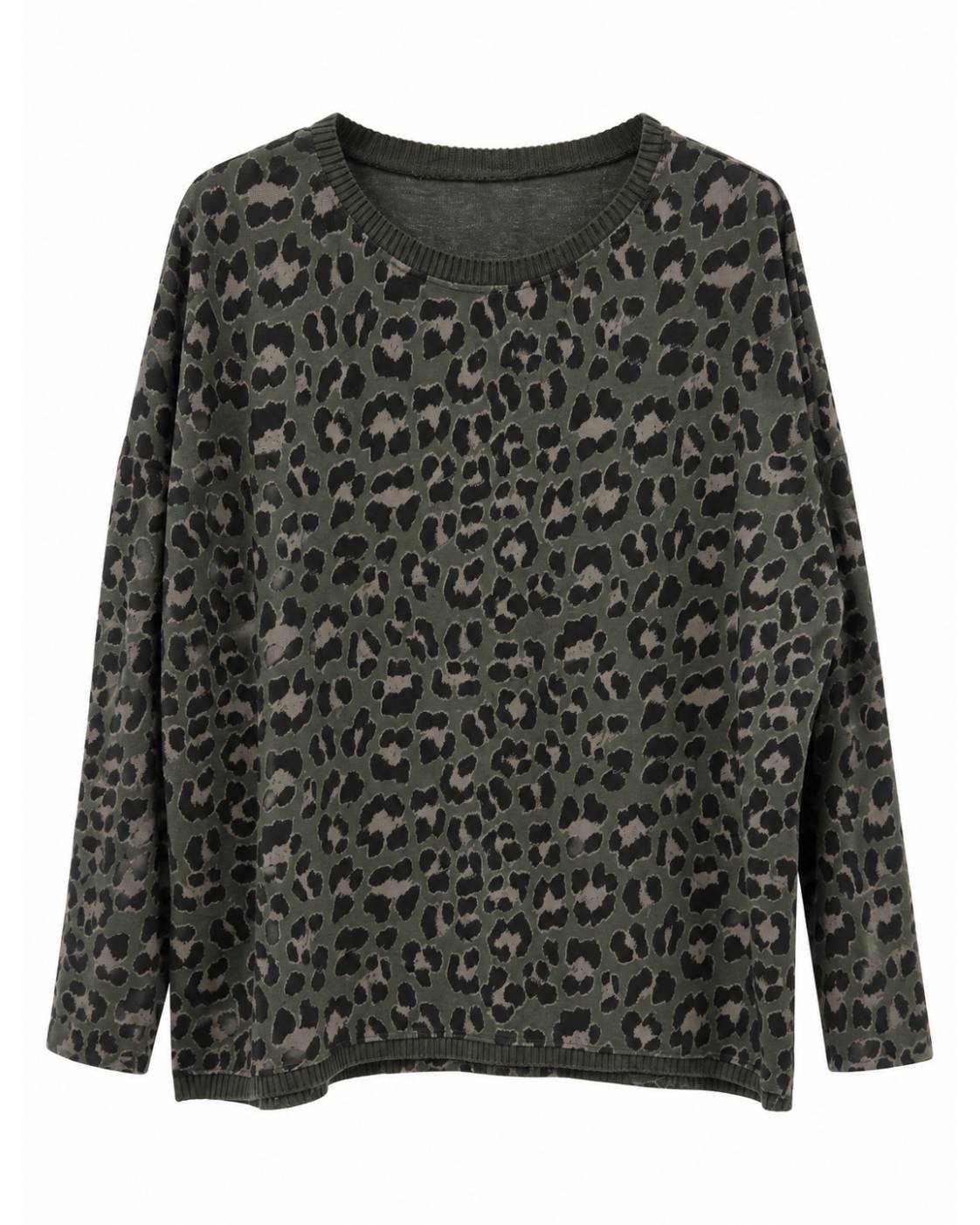 Sudadera leopardo kaki para mujer curvy con estampado animal print y escote redondo