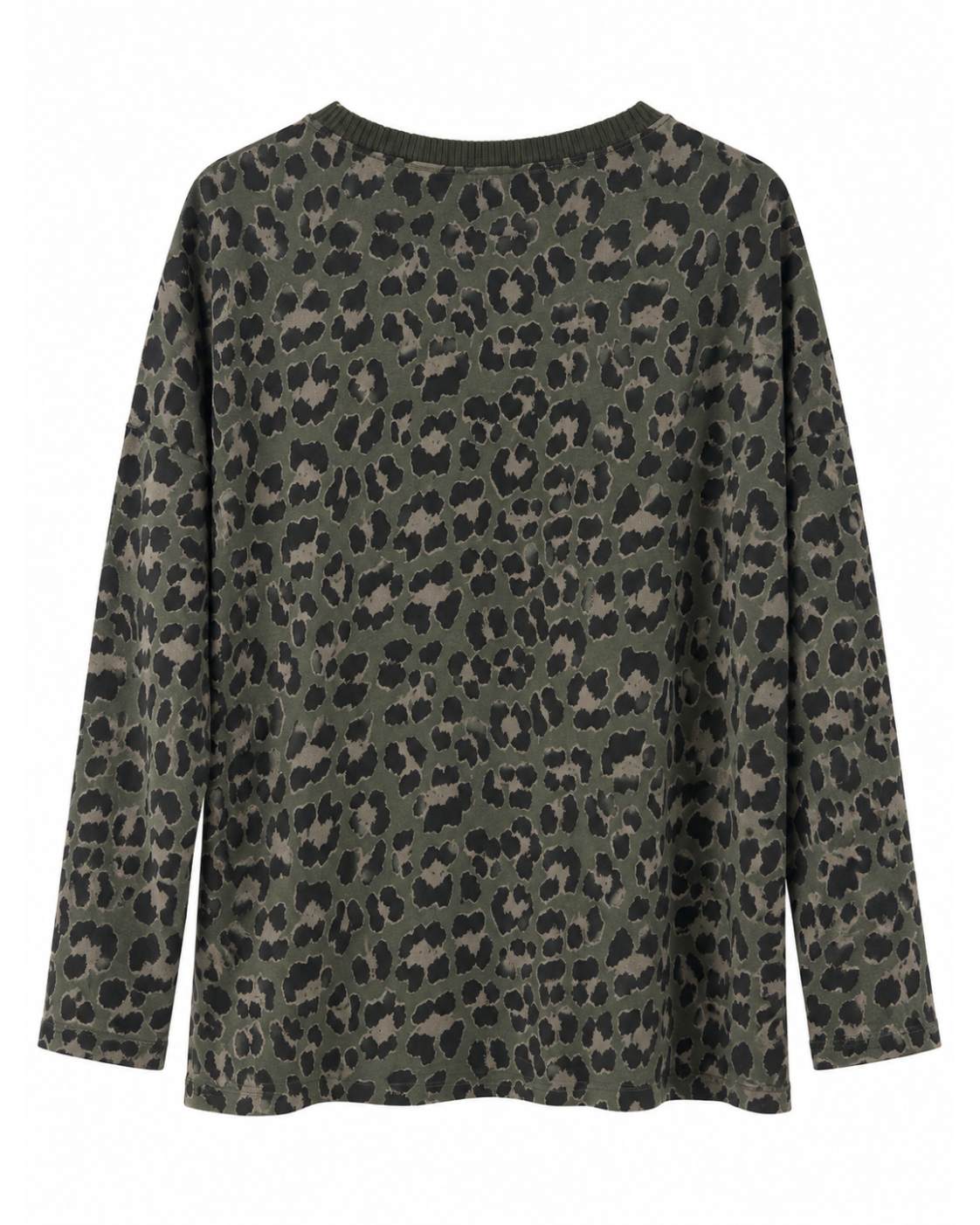 Sudadera leopardo kaki para mujer curvy vista de espalda con estampado animal print