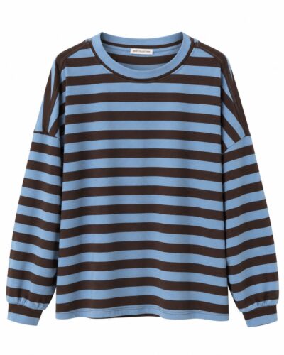 Sudadera marinera azul y chocolate curvy de corte amplio, manga larga y estampado de rayas horizontales.