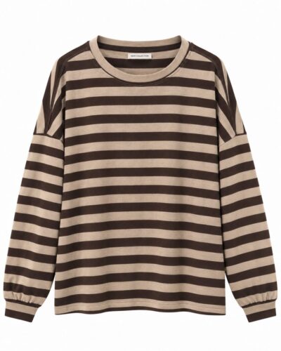 Sudadera marinera beige chocolate curvy de corte amplio con rayas horizontales, cuello redondo y manga larga.