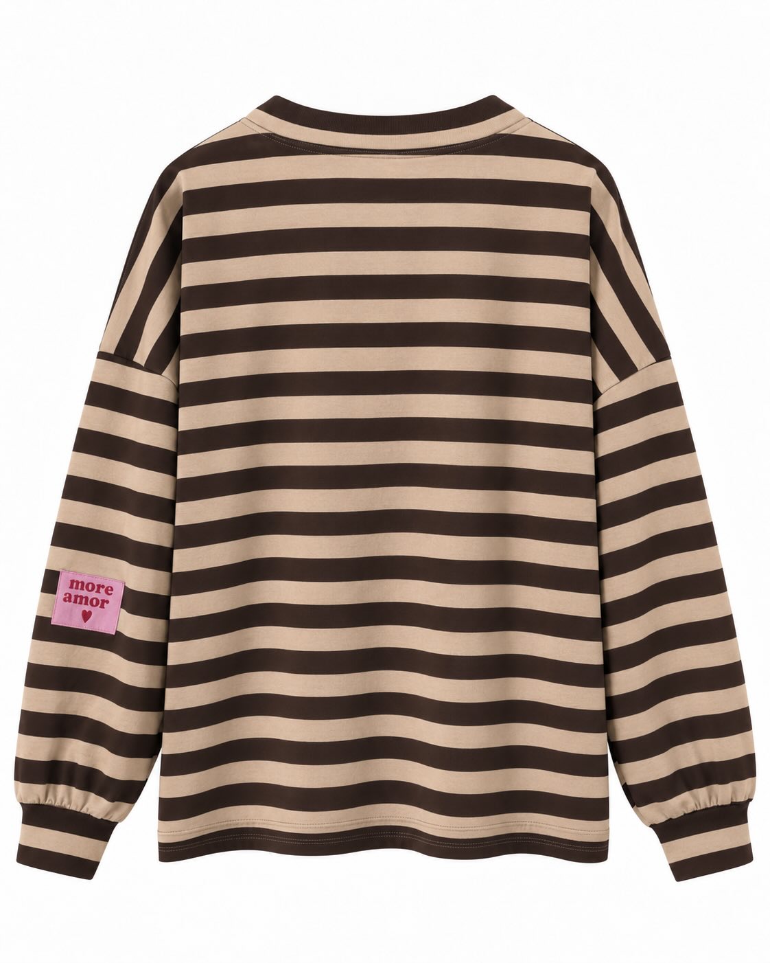 Sudadera marinera beige chocolate curvy de corte relajado con rayas horizontales y detalle more amor en la manga.