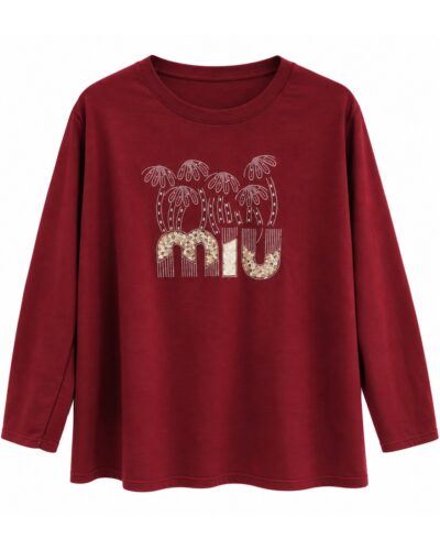 Sudadera Miu burdeos de mujer curvy en neopreno suave con diseño de pedrería frontal y manga larga, vista delantera