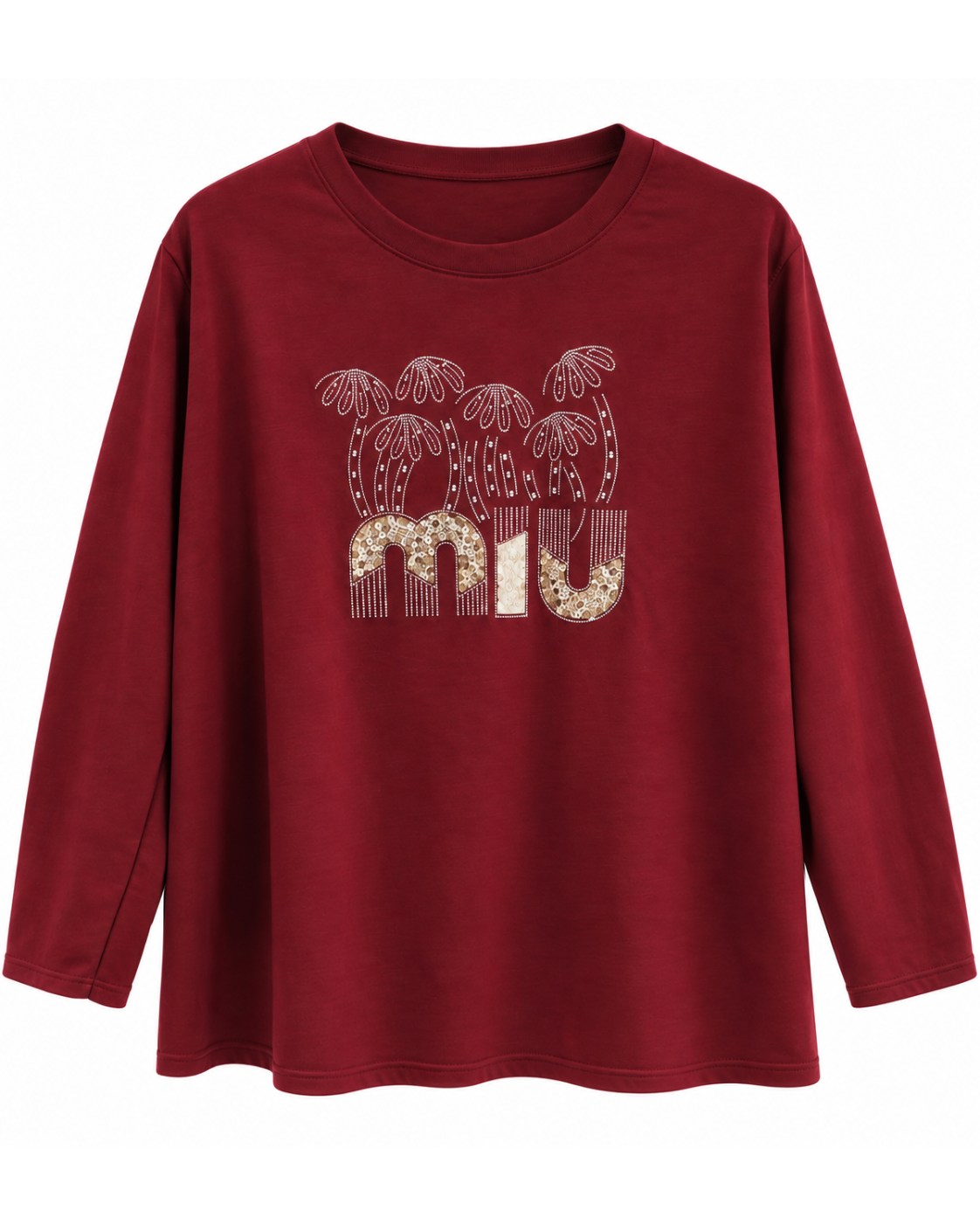 Sudadera Miu burdeos de mujer curvy en neopreno suave con diseño de pedrería frontal y manga larga, vista delantera