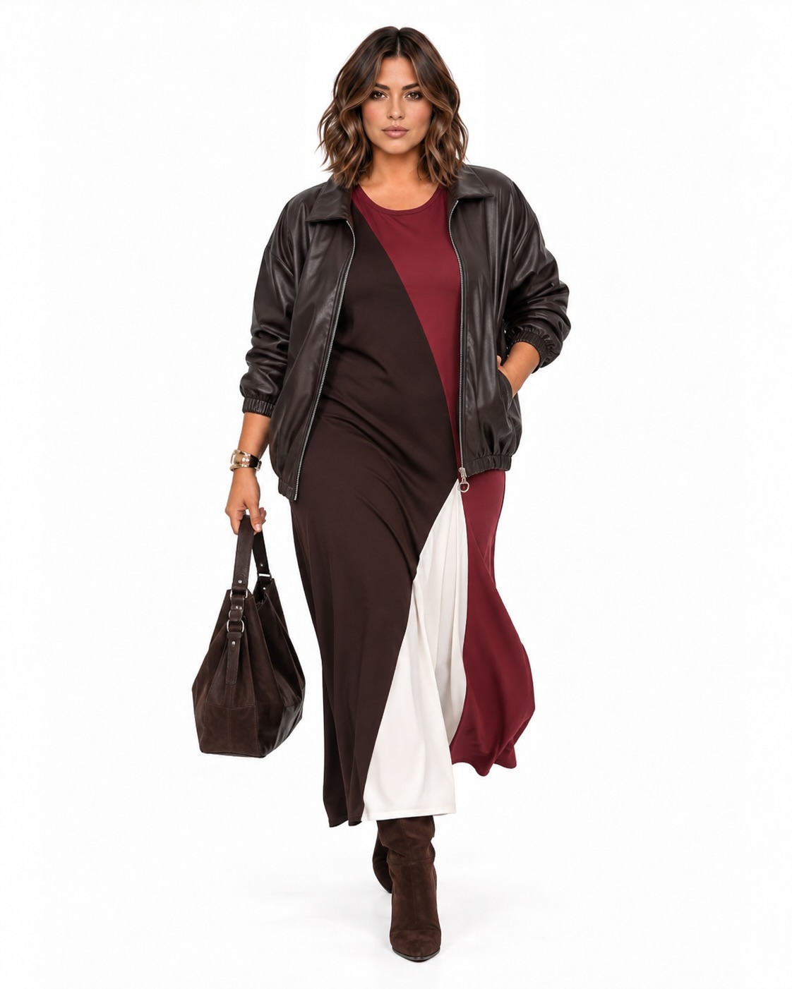 Total look Cazadora bomber efecto piel chocolate con cremallera, cuello camisero y bolsillos laterales