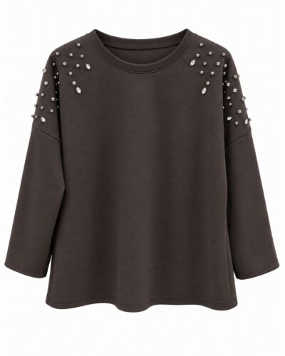 Sudadera Destellos chocolate con aplicaciones de cristal en hombros y manga larga