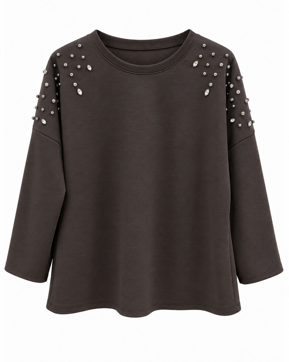 Sudadera Destellos chocolate con aplicaciones de cristal en hombros y manga larga