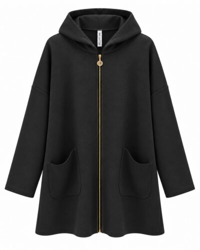 Abrigo Casual negro con capucha, cremallera dorada y bolsillos delanteros