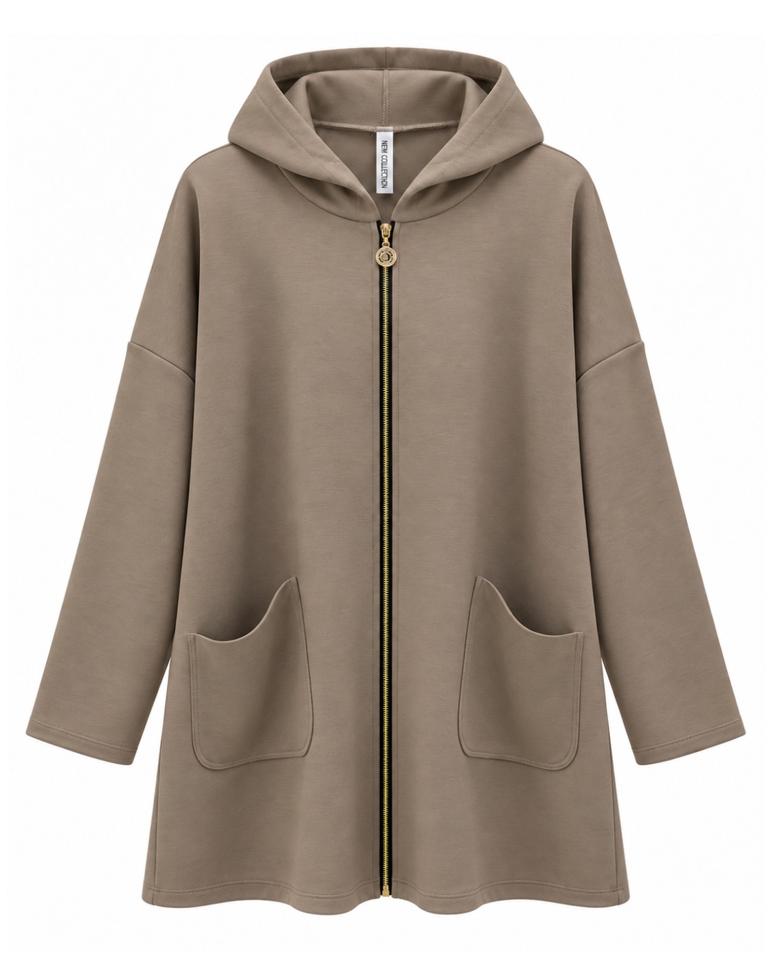 Abrigo Casual topo con capucha, cremallera dorada y bolsillos delanteros