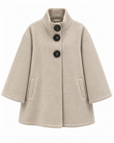 Abrigo París beige mujer de neopreno con textura, cuello alto y botones grandes negros