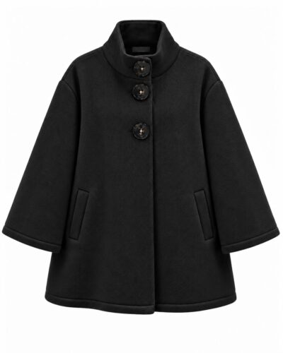 Abrigo París negro mujer de neopreno con textura, cuello alto, botones grandes y bolsillos