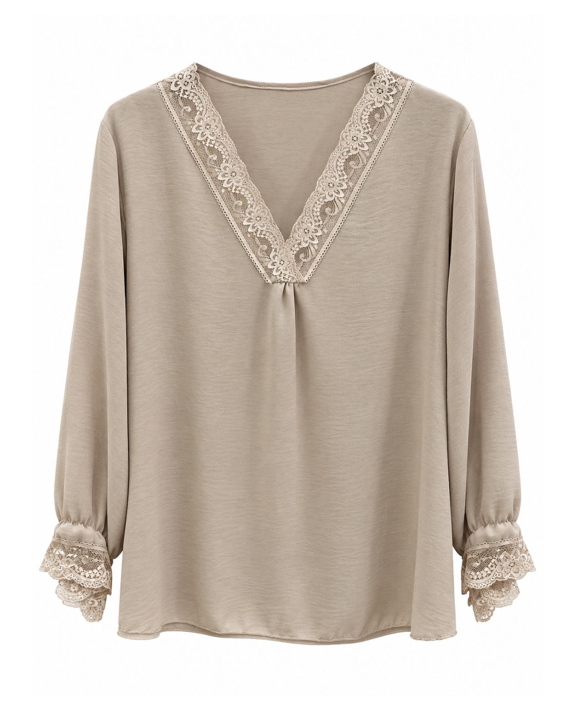 Blusa lencera beige con escote en V de encaje floral y puños de encaje