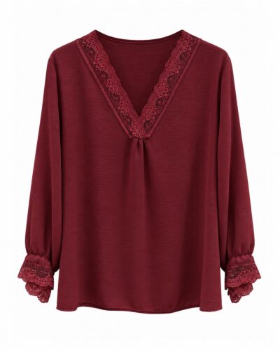 Blusa lencera burdeos con escote en V de encaje floral y puños de encaje