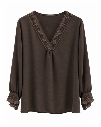Blusa lencera chocolate con escote en V de encaje floral y puños de encaje