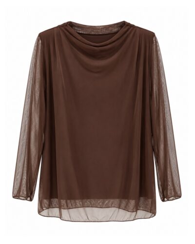 Blusa Tul Sedoso chocolate con cuello drapeado, manga larga y forro interior