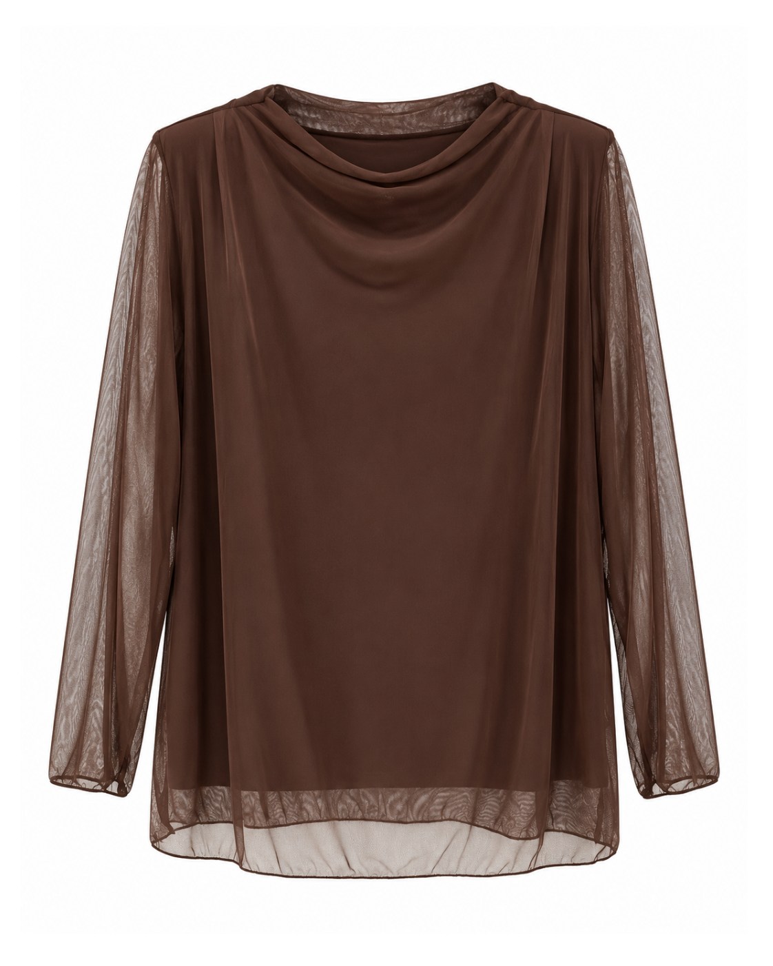 Blusa Tul Sedoso chocolate con cuello drapeado, manga larga y forro interior