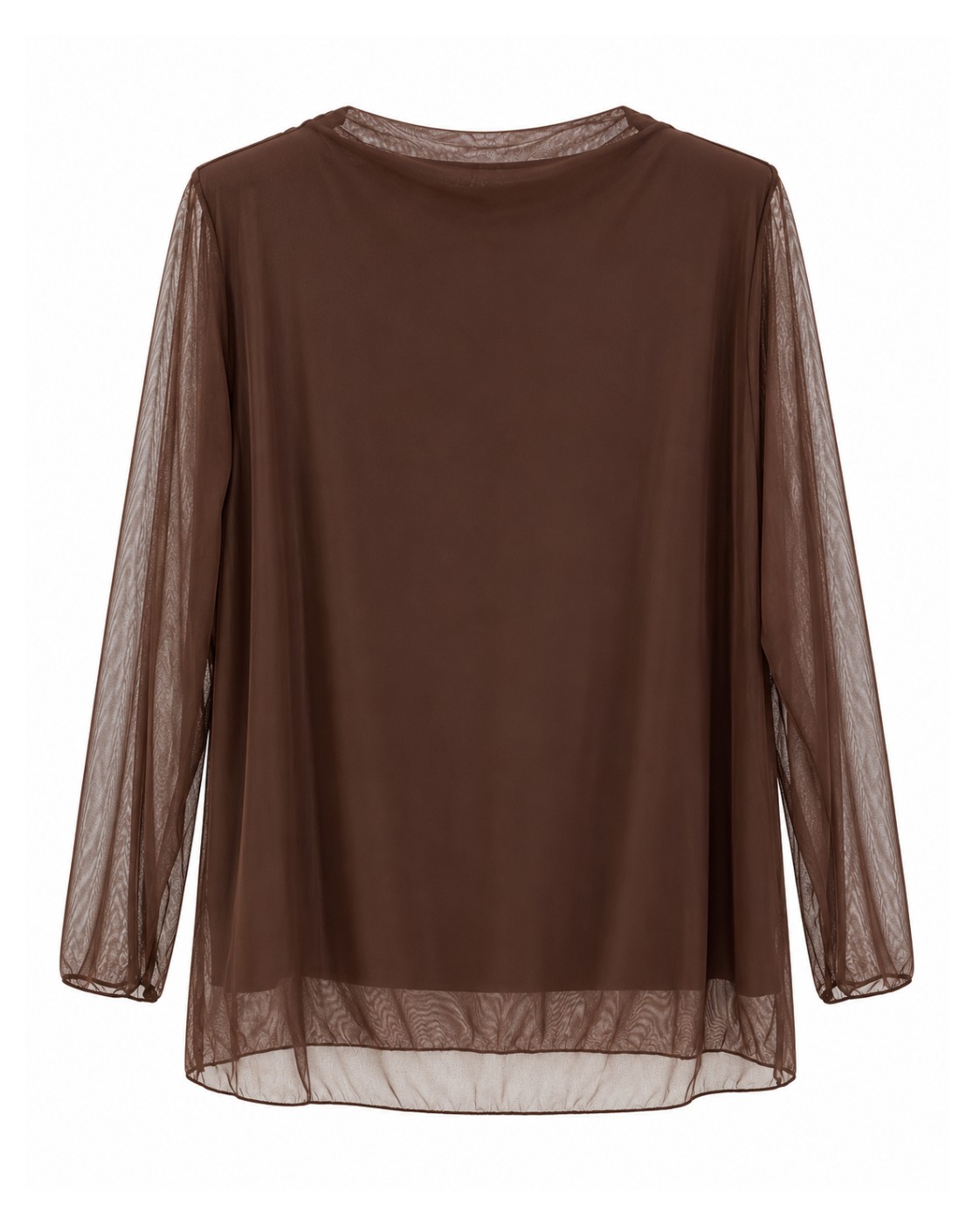 Blusa Tul Sedoso chocolate vista de espalda con manga larga y caída fluida