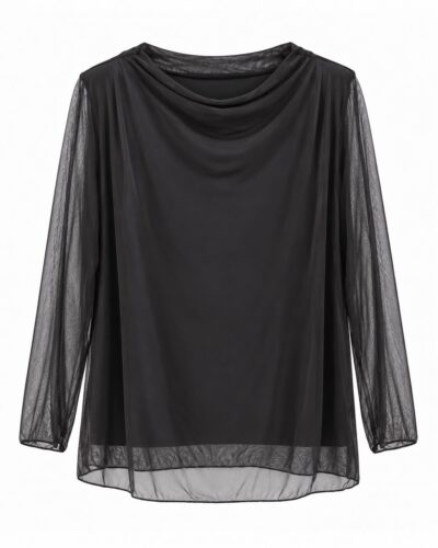 Blusa Tul Sedoso negra con cuello drapeado, manga larga transparente y forro interior