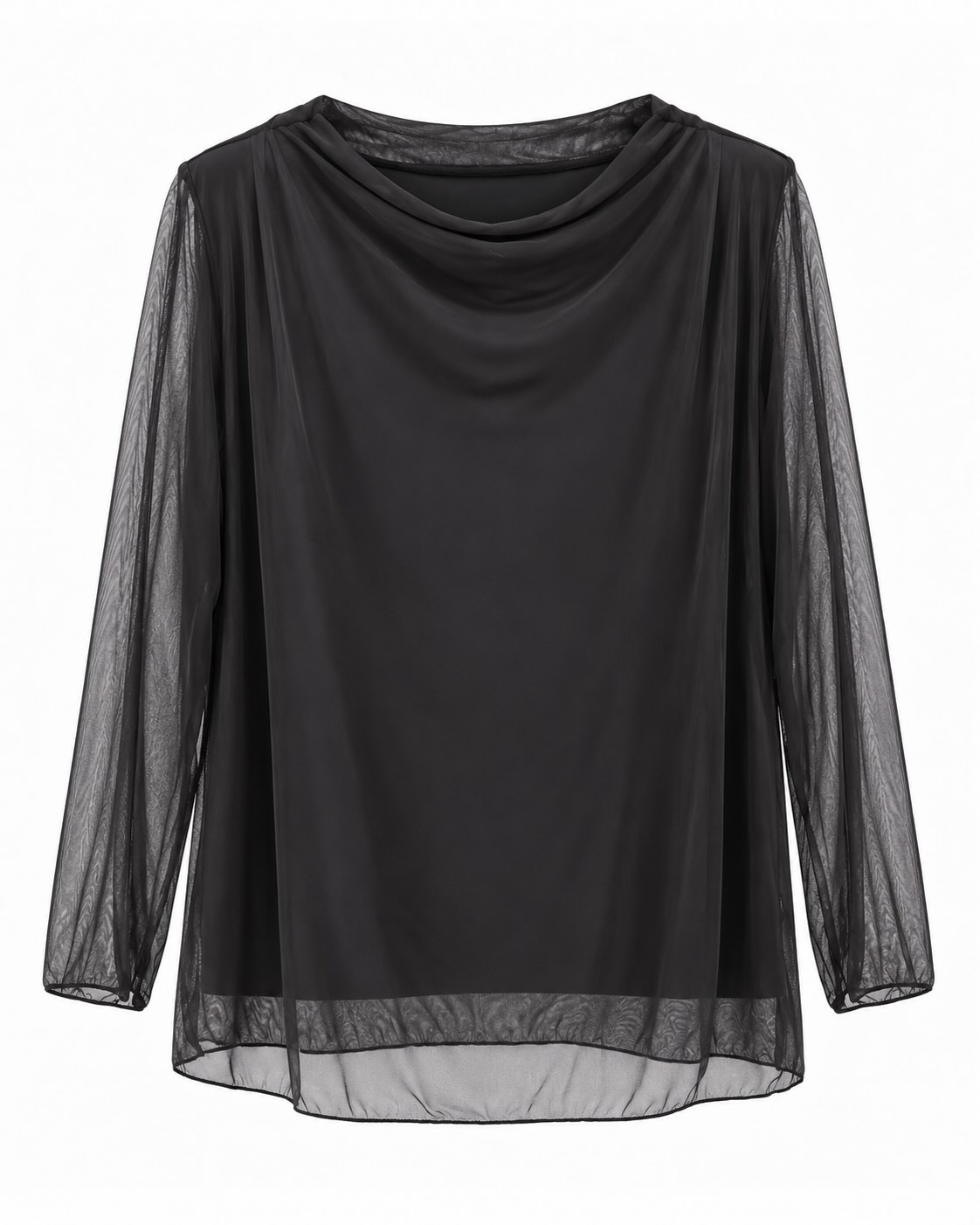 Blusa Tul Sedoso negra con cuello drapeado, manga larga transparente y forro interior