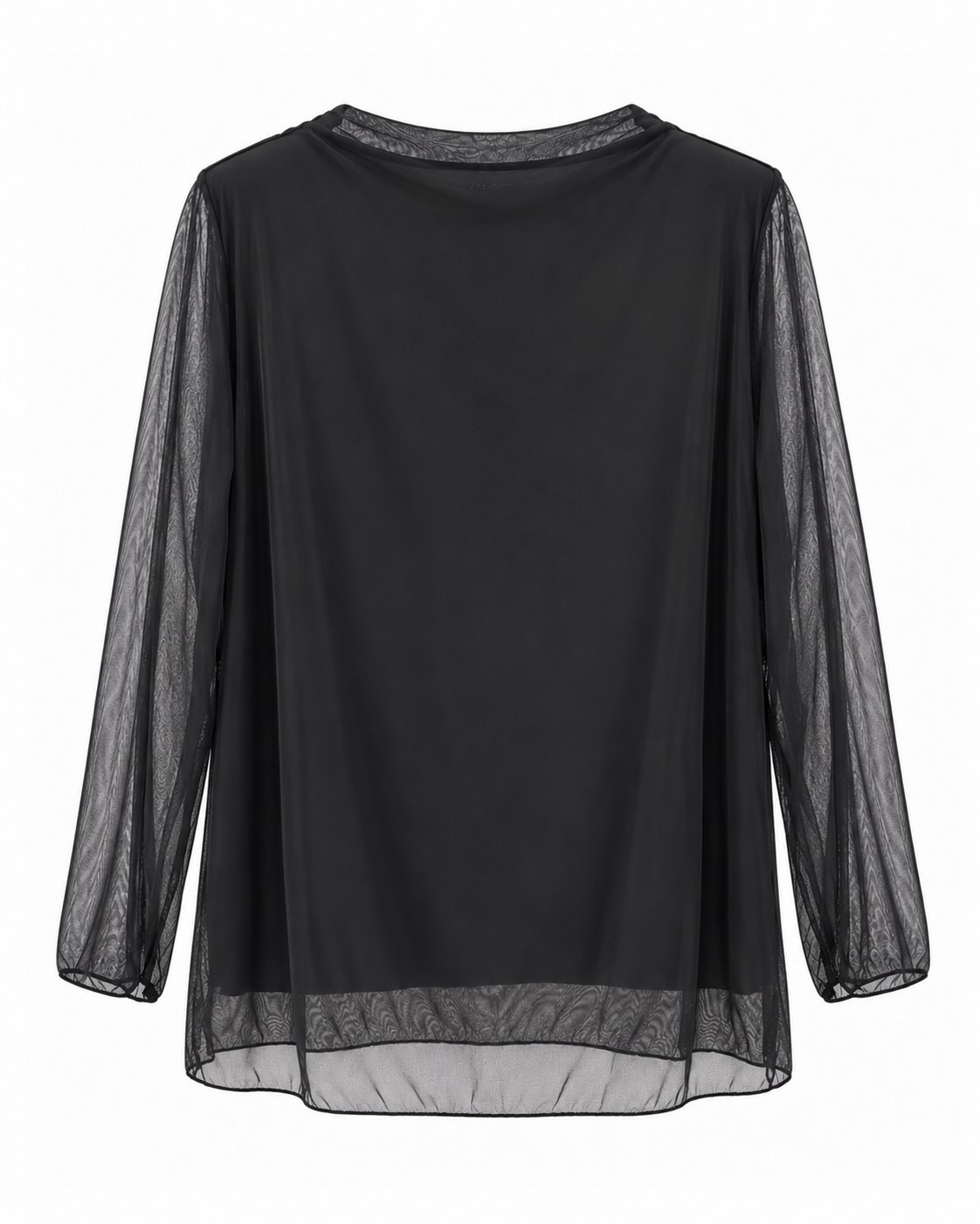 Blusa Tul Sedoso negra vista de espalda con mangas de tul y bajo semitransparente