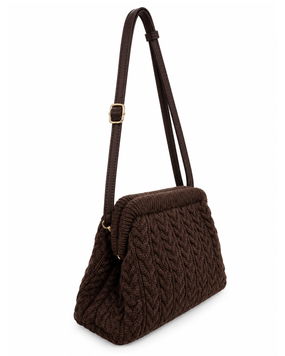 Bolso crochet chocolate mujer vista lateral con textura de punto y correa larga