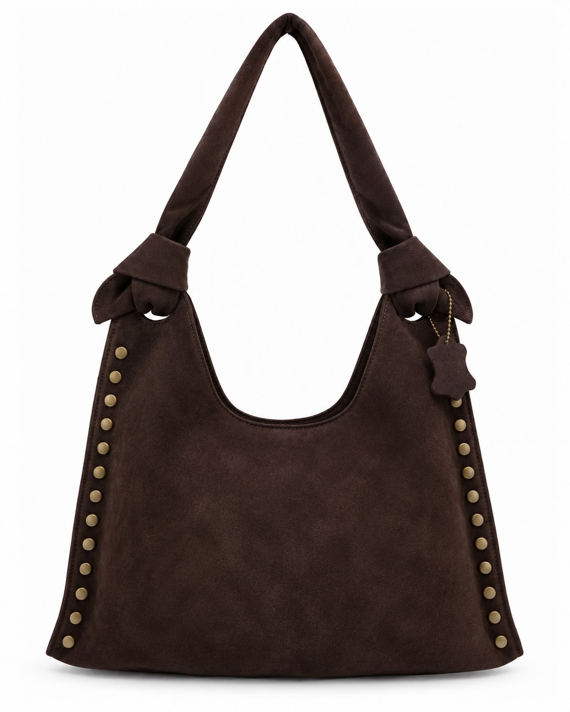 Bolso hobo tachas chocolate con asa larga y detalles metálicos laterales