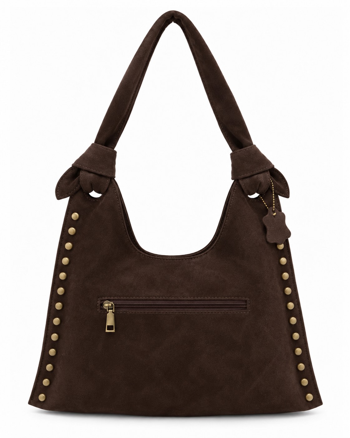 Bolso hobo tachas chocolate vista de espalda con bolsillo exterior de cremallera