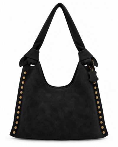 Bolso hobo negro con tachas doradas, asa ancha y detalles anudados