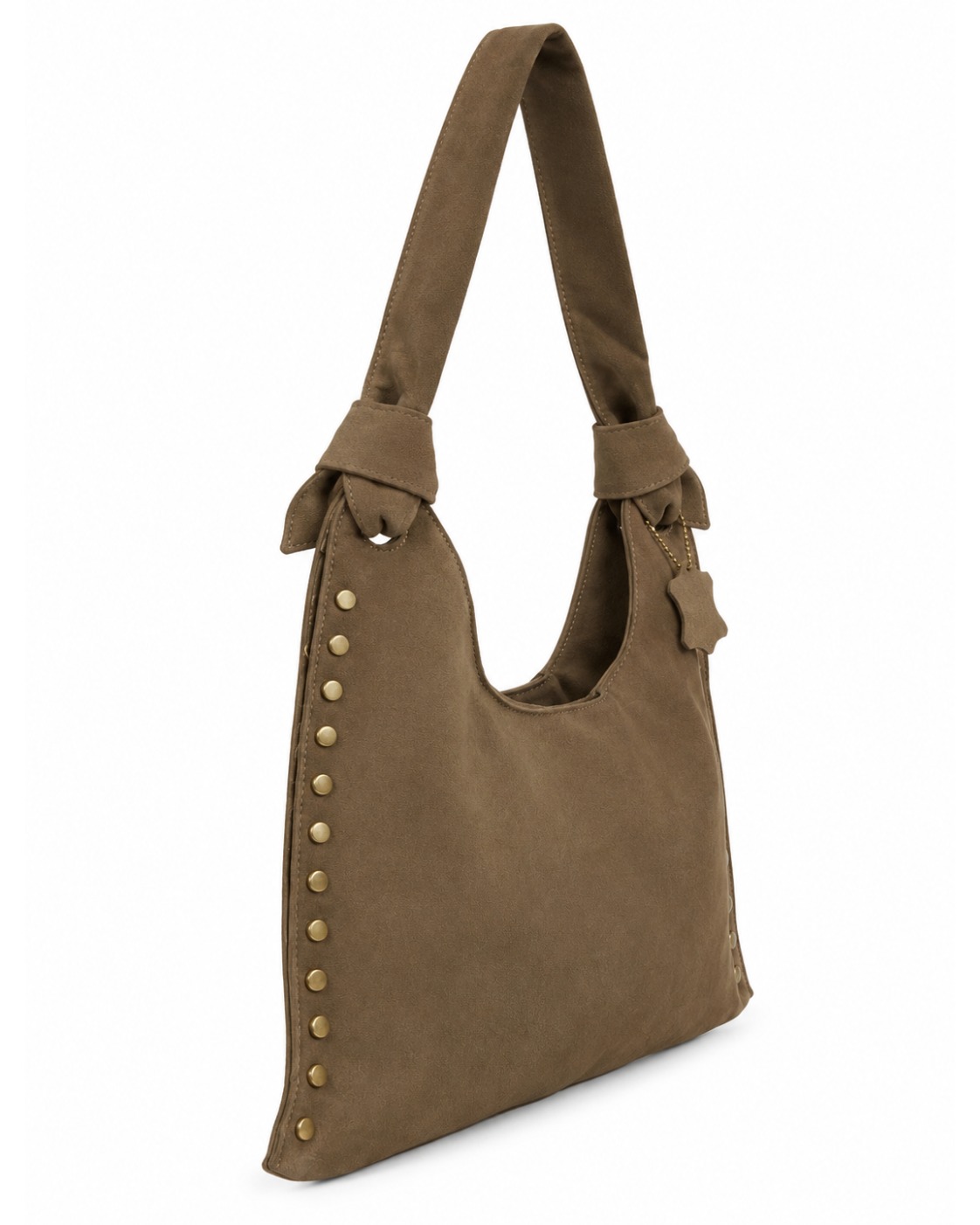 Bolso hobo tachas topo mujer vista lateral con silueta flexible y asa de hombro