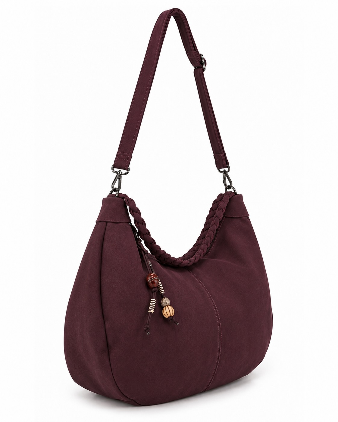 Bolso Nómada burdeos vista lateral con formato hobo, asa trenzada y correa ajustable